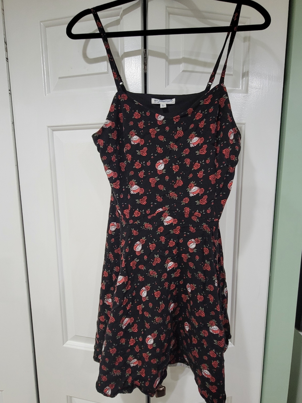 Junk Food Clothing Black Skater Dress w/ Grateful Dead Skull & Red Rose Pattern